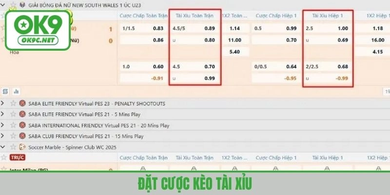 Đặt cược tài xỉu trên bảng kèo chính mọi trận đấu