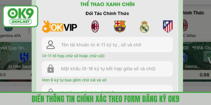 Điền thông tin chính xác theo form đăng ký OK9